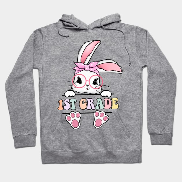 Vintage Happy Easter Bunny 1st Grade Teacher For Girls Kids Hoodie by luxembourgertreatable